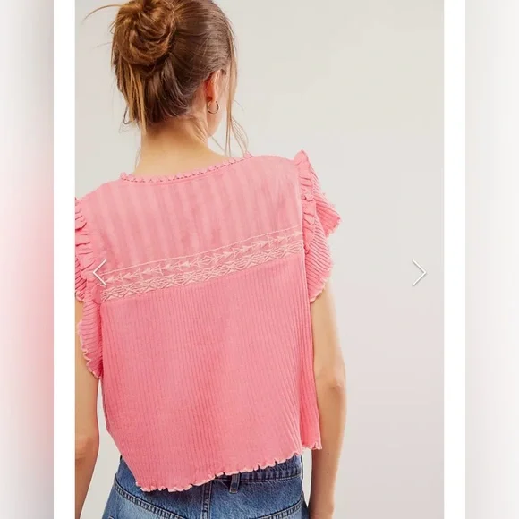 Free People Sarafina Top Boho Cottage Core Embroidered Flutter Crop Pink XL - Picture 3 of 15